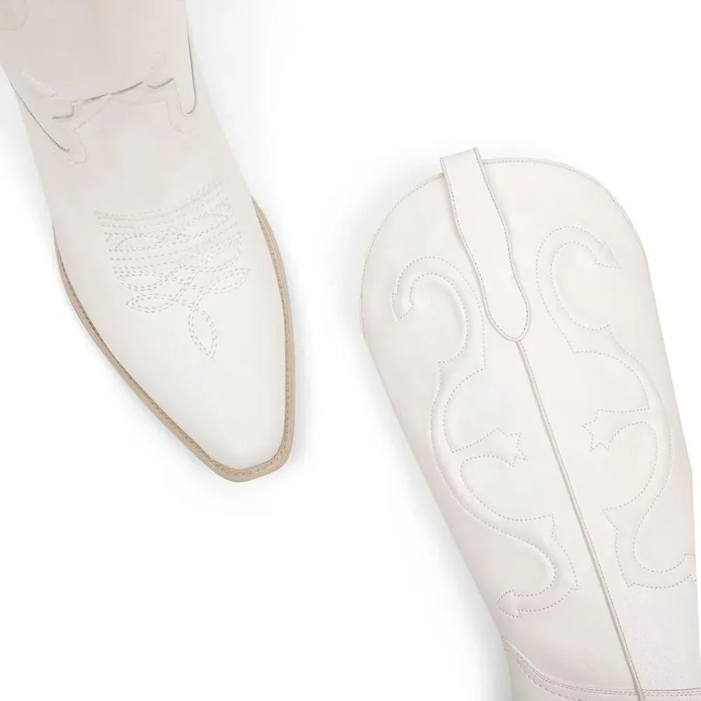 Women's White Mid Calf Cowgirl Pointed Toe Chunky Heel Fashion Cowboy Boots